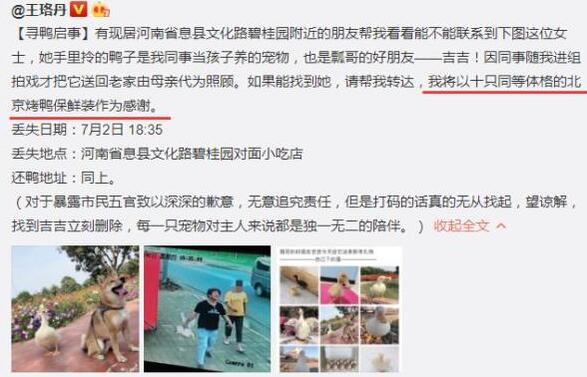 警方回应王珞丹寻鸭启事